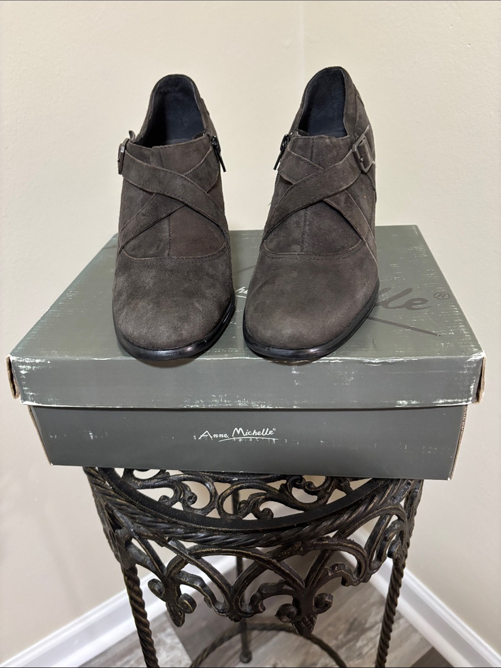 Karen Scott Charcoal Suede Crisscross Booties
